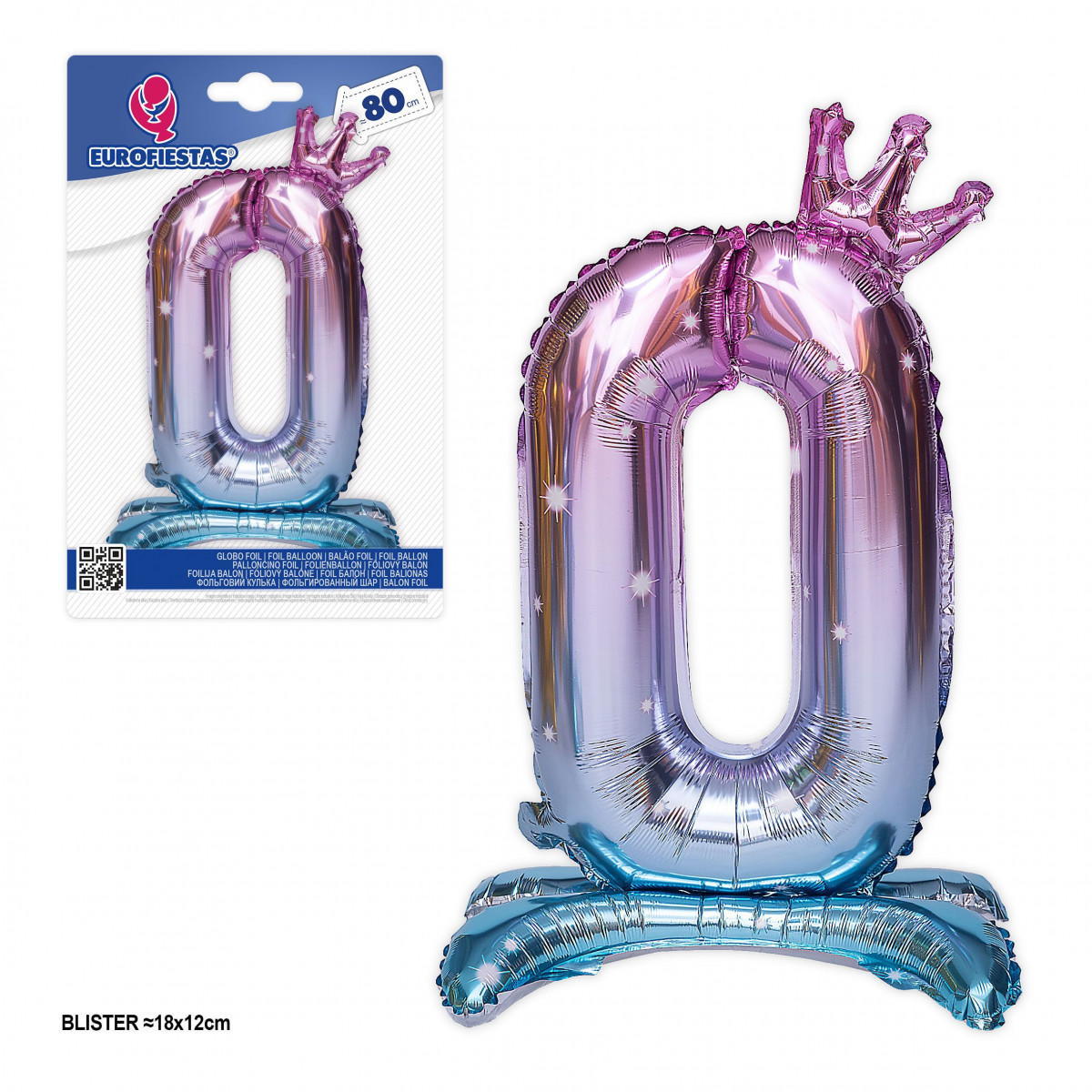 Ballon aluminium numéro 0 dégradé rose à bleu avec pied et couronne 80cm