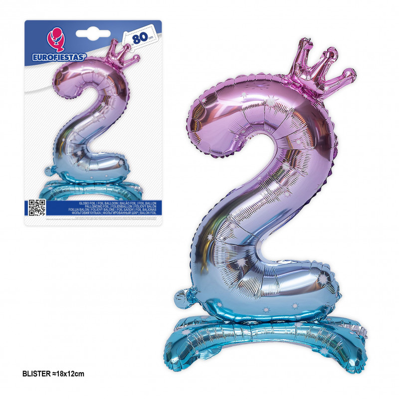 Ballon aluminium numéro 2 dégradé rose à bleu avec pied et couronne 80cm