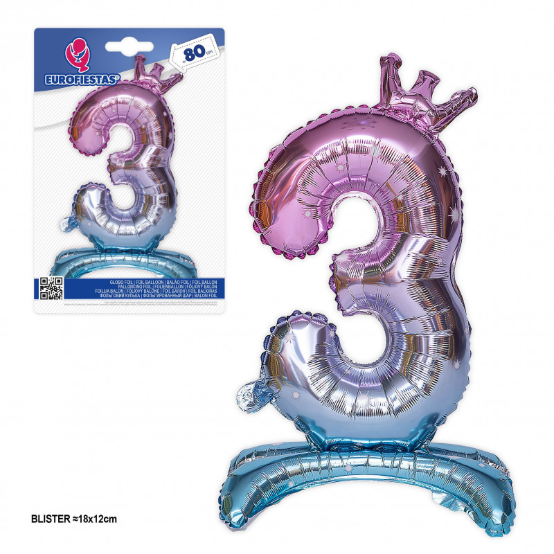 Ballon aluminium numéro 3 dégradé rose à bleu avec pied et couronne 80cm