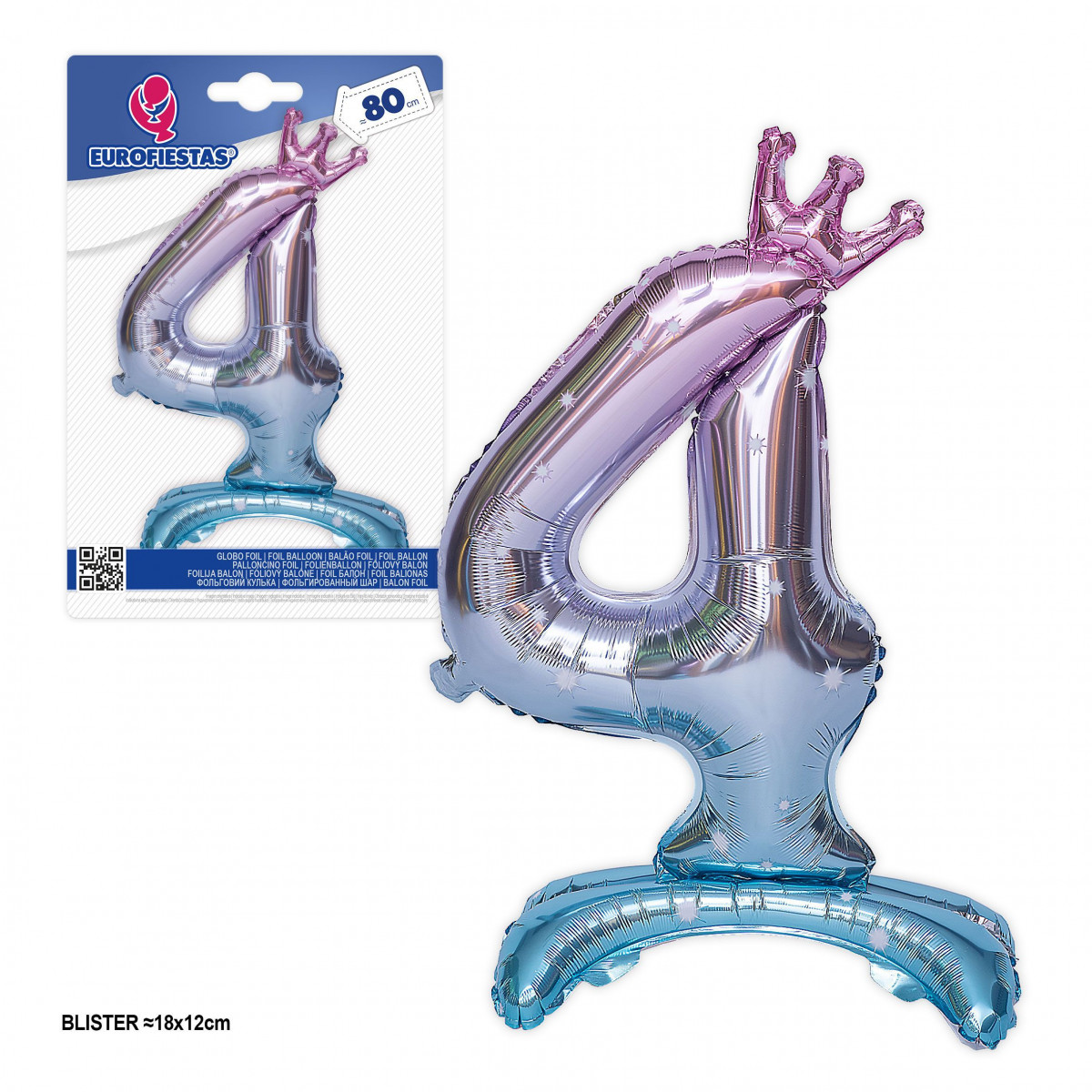 Ballon aluminium numéro 4 dégradé rose à bleu avec pied et couronne 80cm