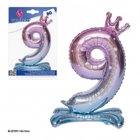 Ballon aluminium numéro 9 dégradé rose à bleu avec pied et couronne 80cm