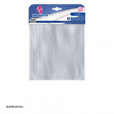 Sachets transparents 16x28+4 avec fermeture adhésive 15 unités