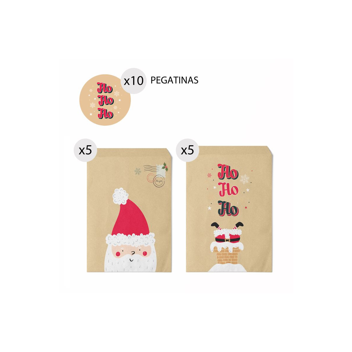 Enveloppes kraft de Noël Père Noël 10 unités 13x16cm et autocollants