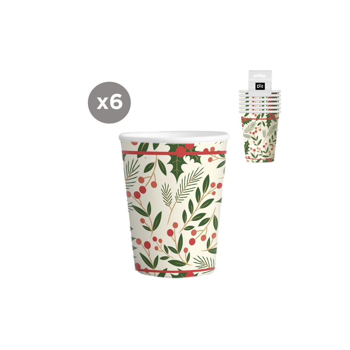 Gobelet en carton 6 unités 266ml Feuilles de houx de Noël