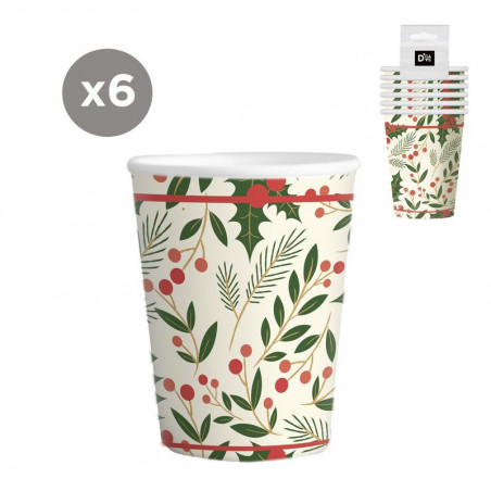 Gobelet en carton 6 unités 266ml Feuilles de houx de Noël