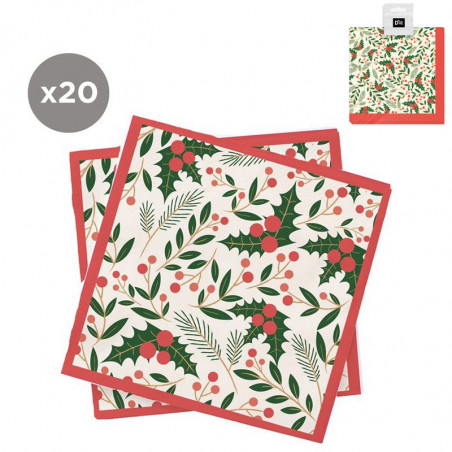 Serviettes en papier de Noël 20 unités 33x33 feuilles de houx