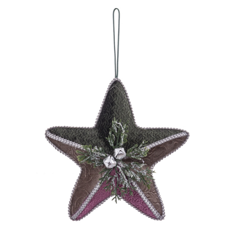 Pendentif de Noël en tissu gris en forme d'étoile avec clochettes 18x18