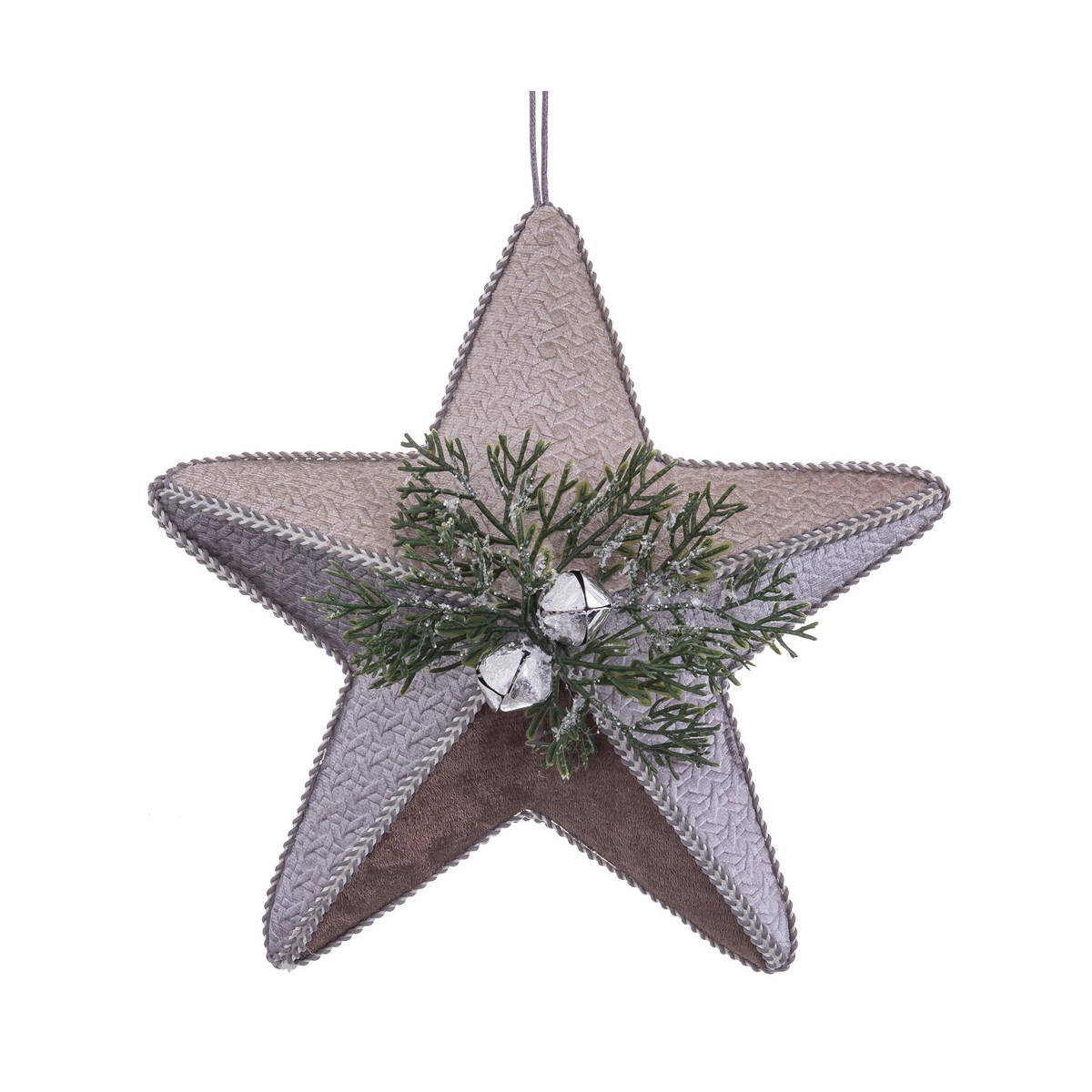 Pendentif de Noël en tissu 22,5 cm gris en forme d'étoile avec clochettes