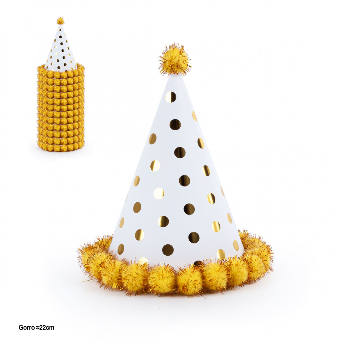 Chapeau de fête à pois doré métallisé avec pompons 22cm