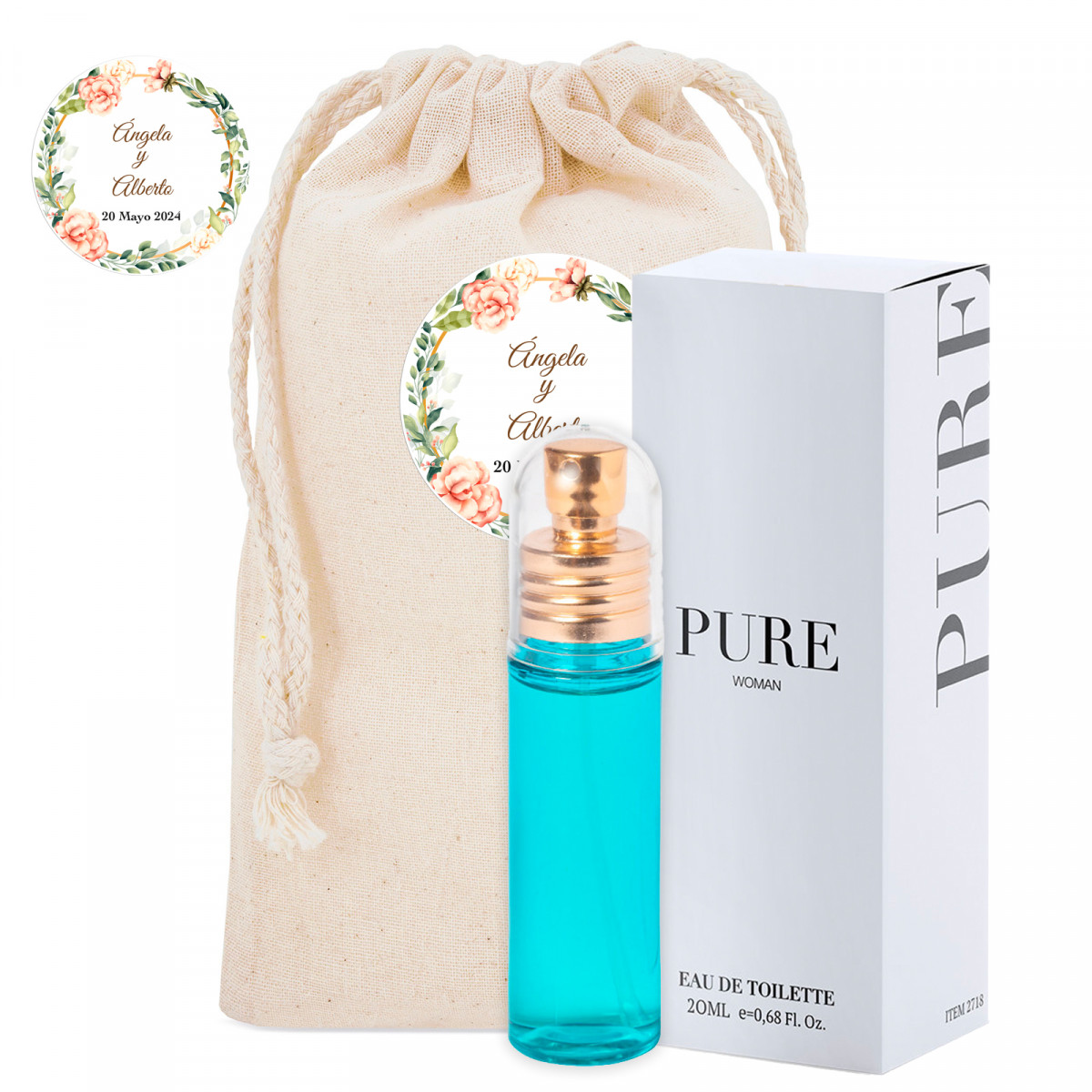 Parfum pour femme dans un sac en coton personnalisé pour plus de détails