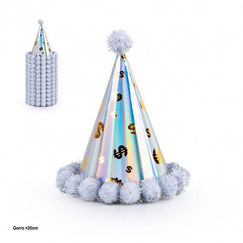 Chapeau de fête irisé avec pompons avec symbole 20 cm