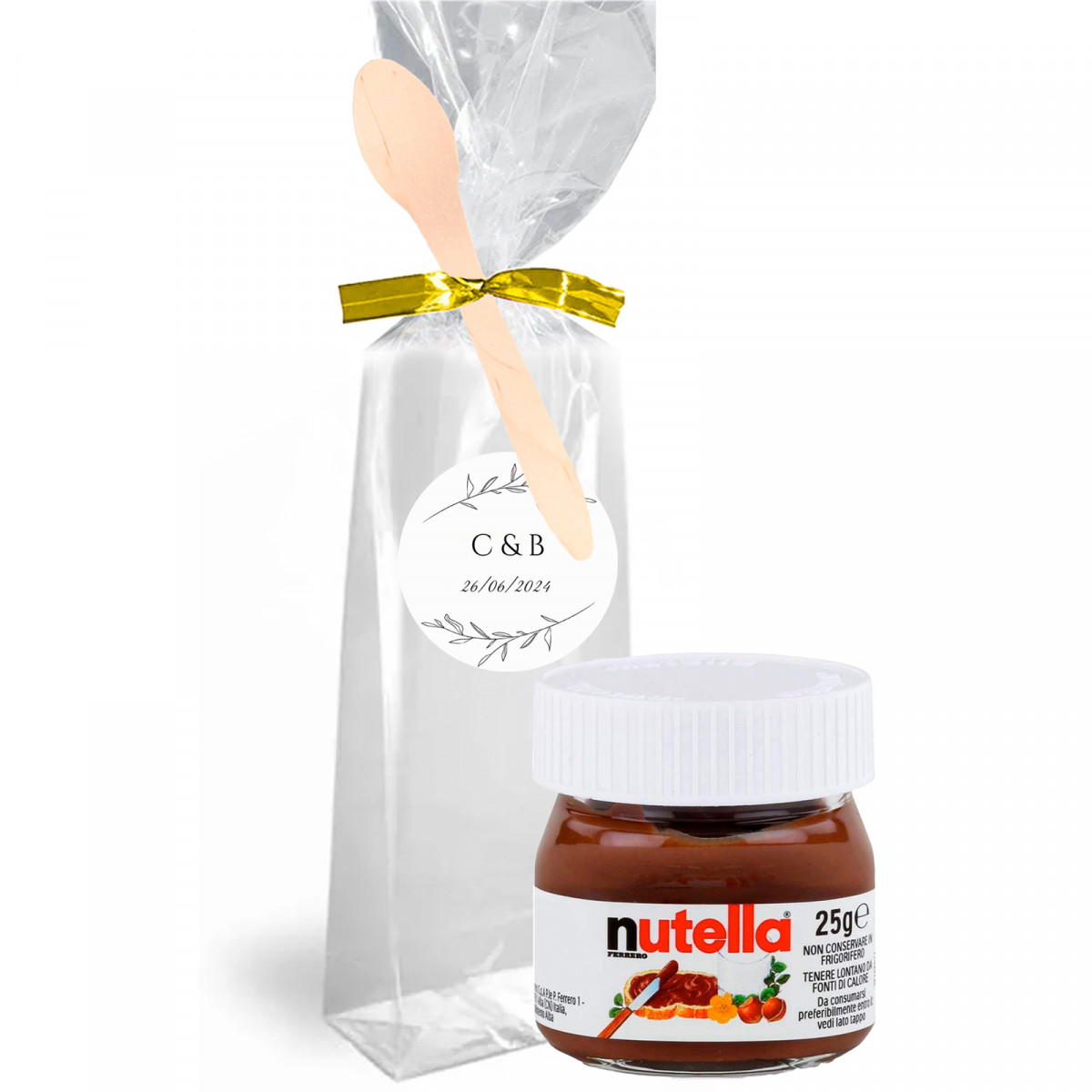 Nutella 25g. dans un sac transparent personnalisé avec fermeture et cuillère en bois pour plus de détails