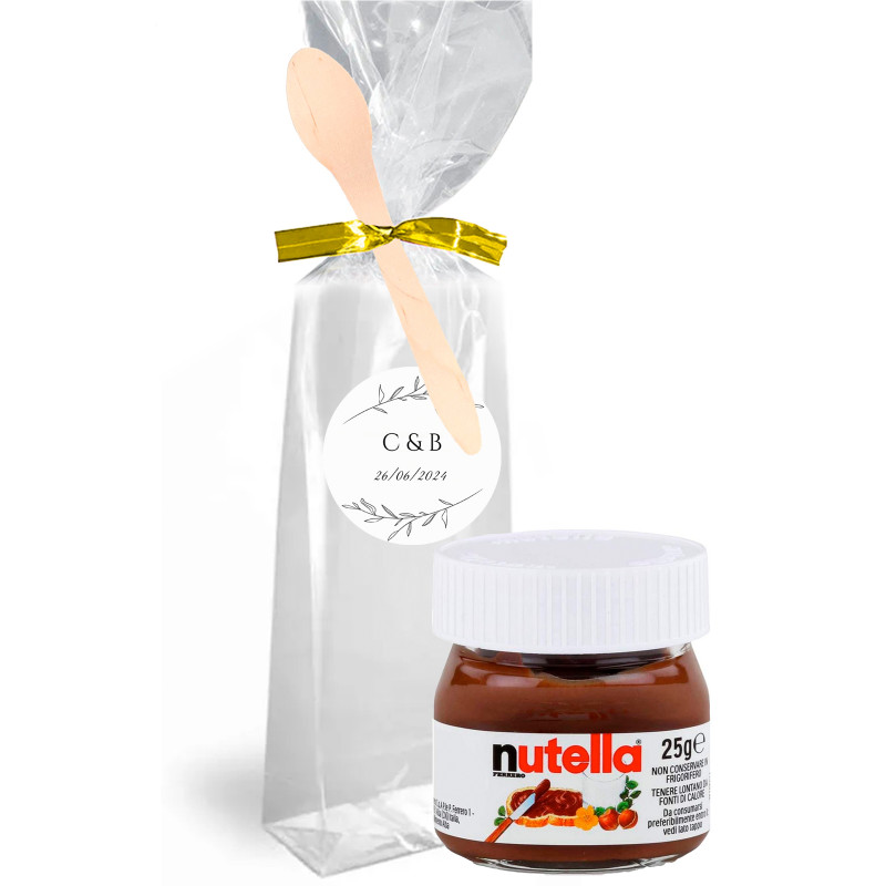 Nutella 25g. dans un sac transparent personnalisé avec fermeture et cuillère en bois pour plus de détails