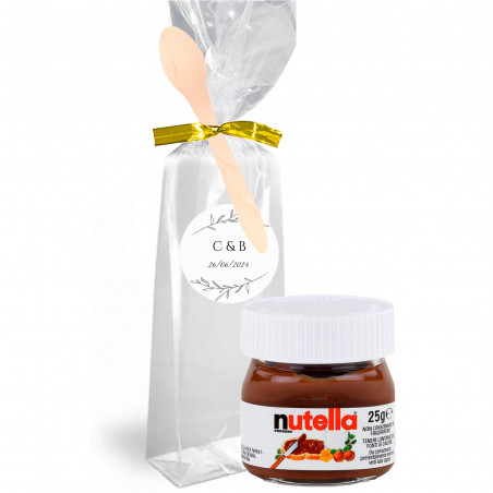 Nutella 25g. dans un sac transparent personnalisé avec fermeture et cuillère en bois pour plus de détails