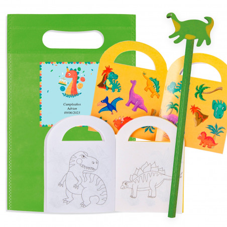 Livre de coloriage avec autocollants et crayon dinosaure dans un sac personnalisé pour plus de détails