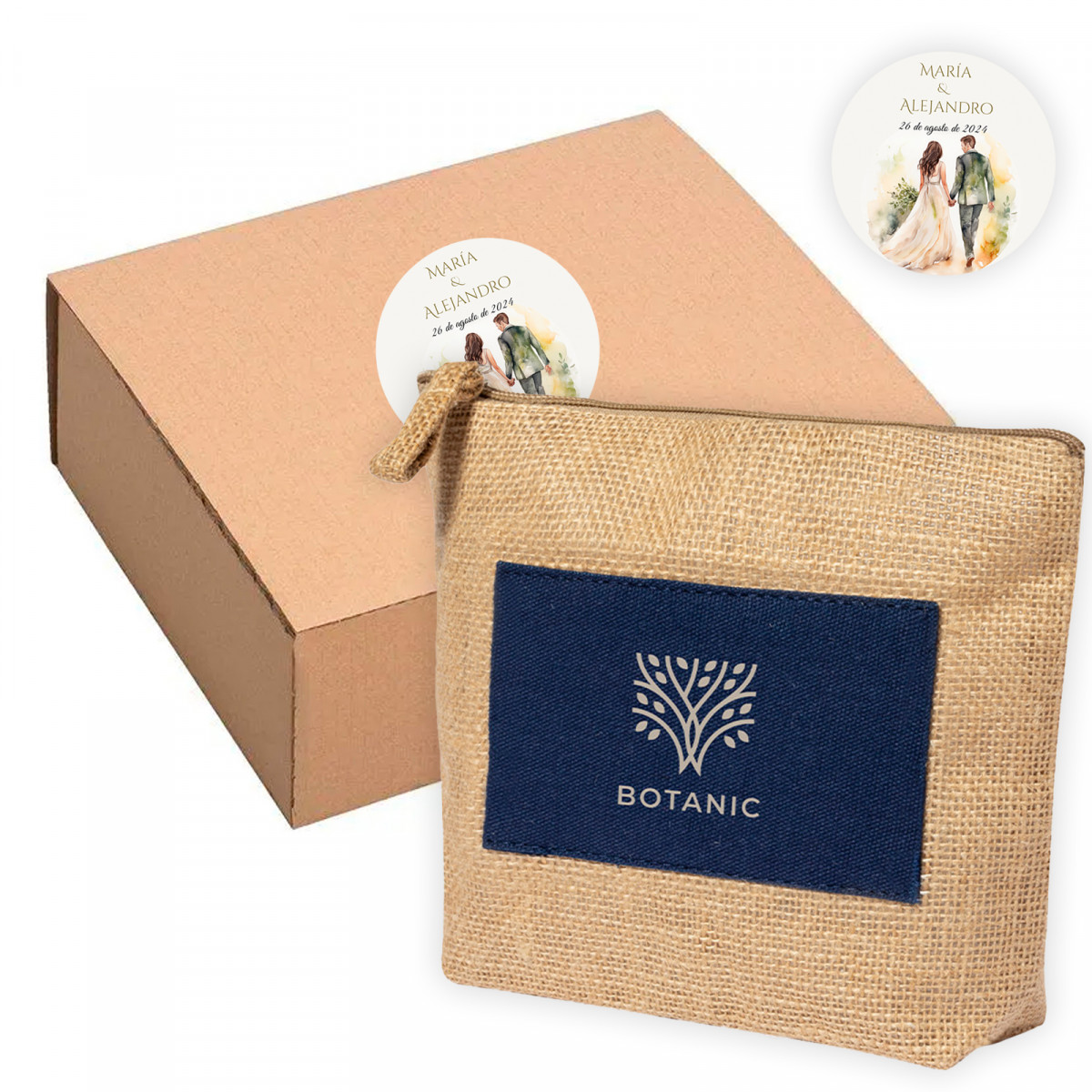 Trousse de toilette en jute marine dans une boîte personnalisée pour plus de détails