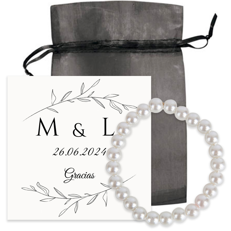 Bracelet de perles avec carte de remerciement dans un sac en organza pour plus de détails