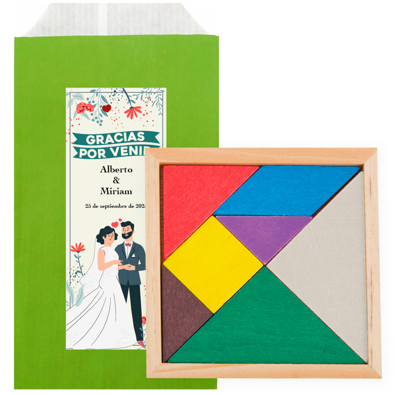 Puzzle en bois dans un sachet avec adhésif personnalisé pour les détails du mariage