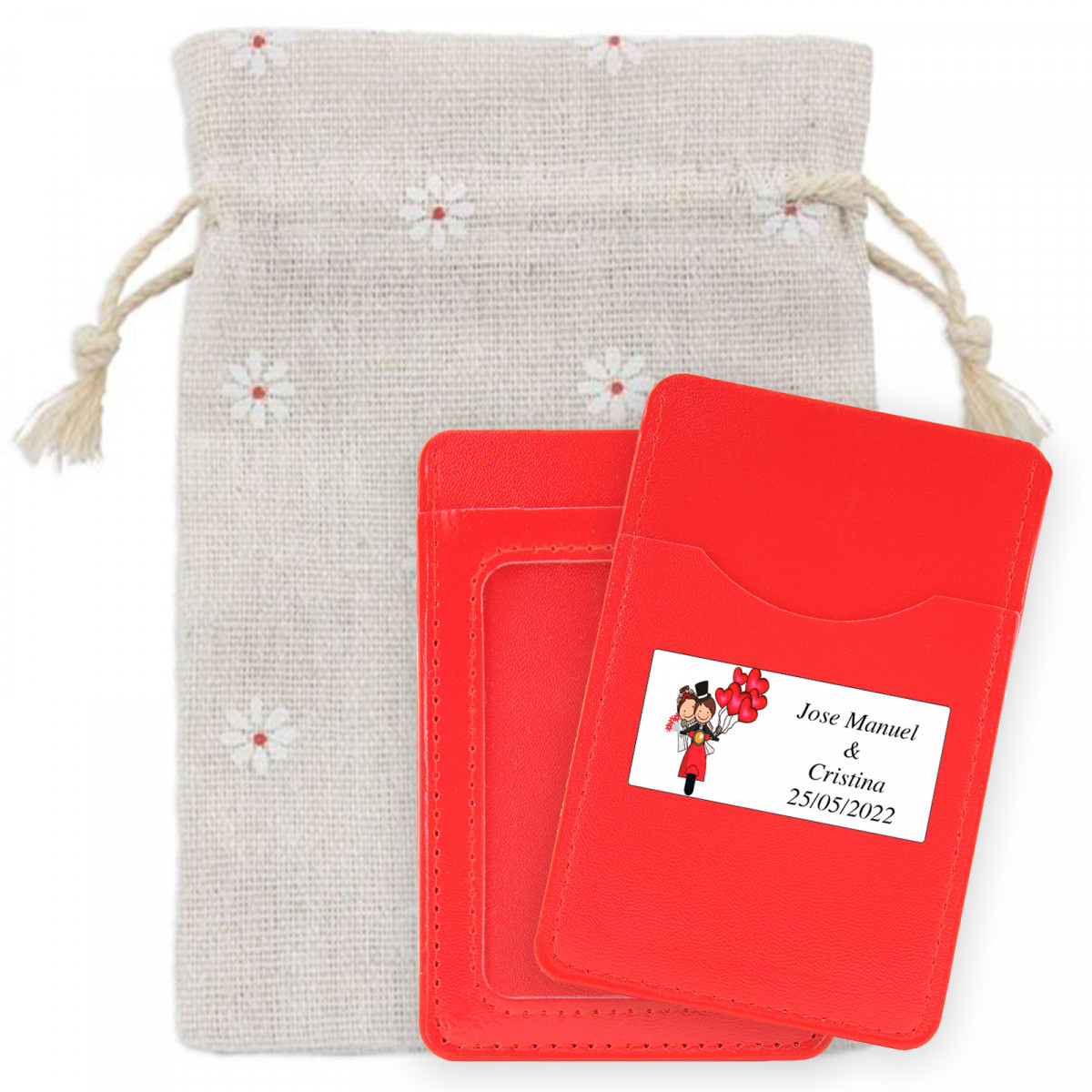 Porte-carte rouge personnalisé dans un sac en coton pour les détails du mariage