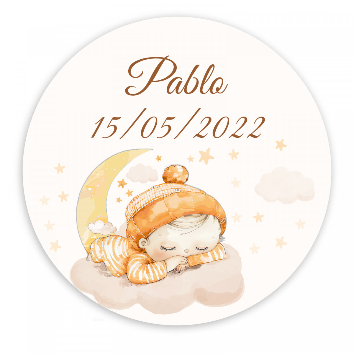 Sticker rond 3cm bébé dormant sur des nuages étoiles pour baptême