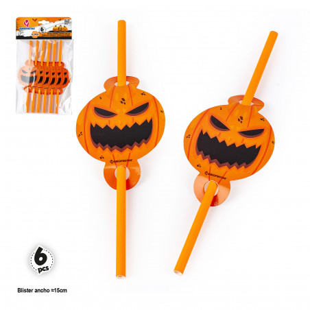 Pailles décorées de citrouilles pour Halloween en paquet de 6 unités