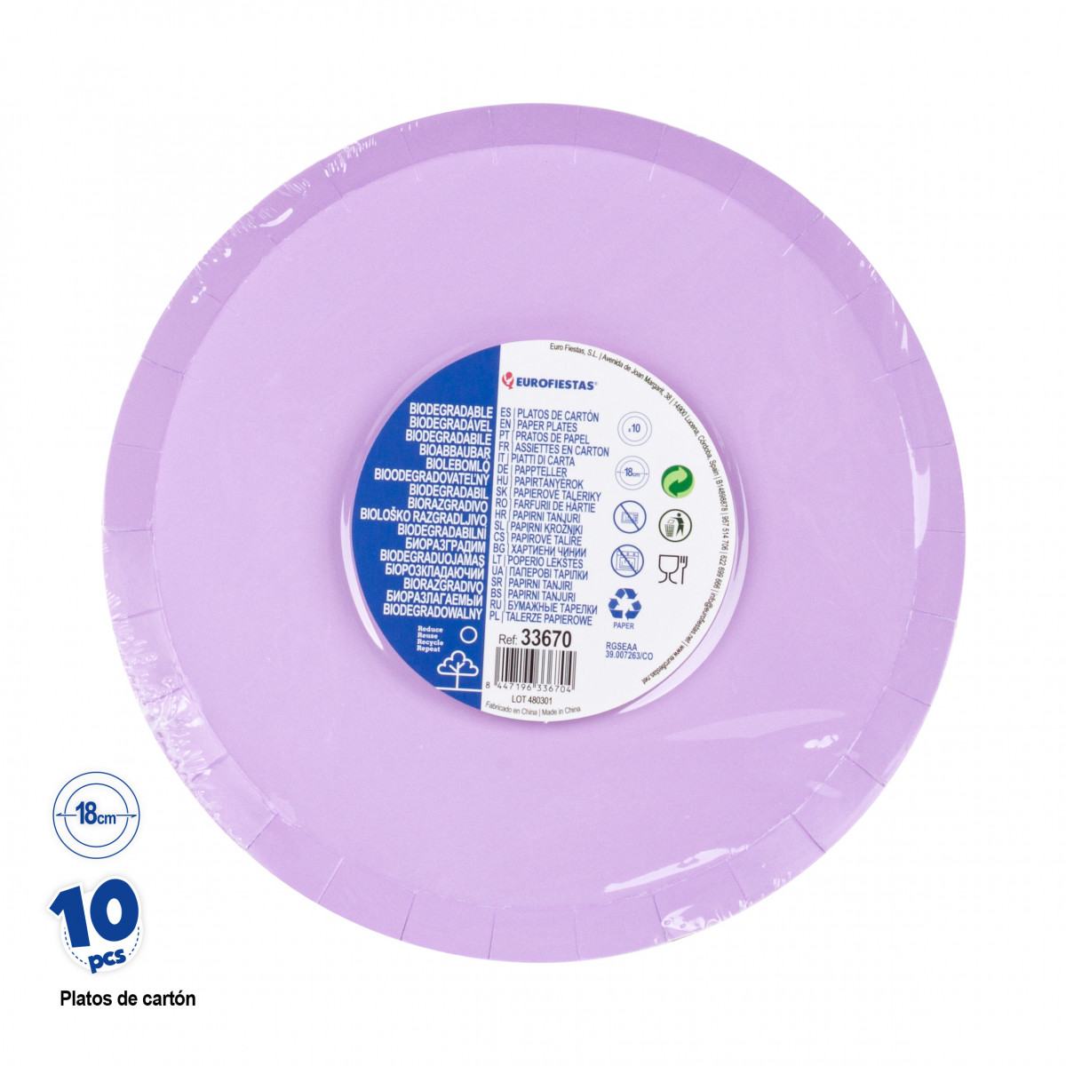 Assiette plate de couleur lilas en pack de 10 pièces et 18cm