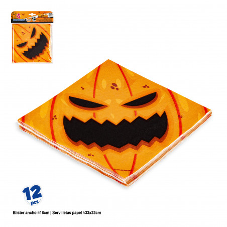 Serviettes citrouille d'Halloween en paquet de 12 unités 33x33