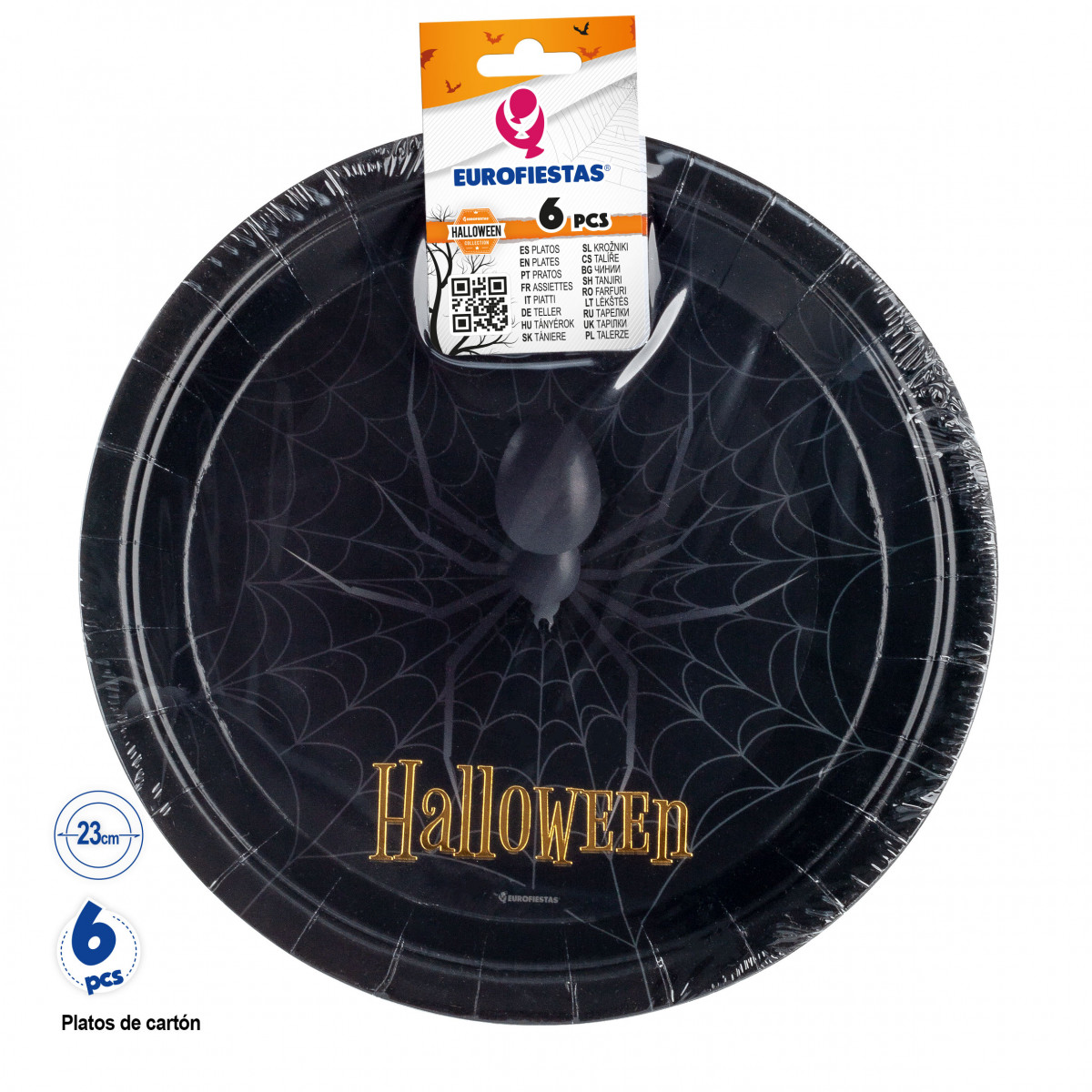 Assiette en carton noir pour Halloween en pack de 6 pièces et 23cm