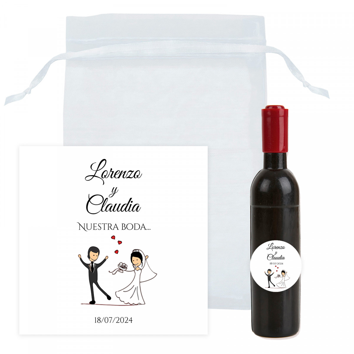 Tire-bouchon personnalisé en forme de bouteille de vin avec carte de remerciement dans un sac en organza pour cadeaux de mariage