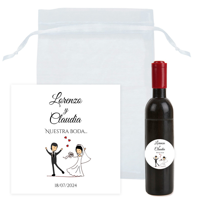 Tire-bouchon personnalisé en forme de bouteille de vin avec carte de remerciement dans un sac en organza pour cadeaux de mariage