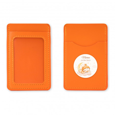 Porte carte orange avec autocollant de baptême personnalisé pour plus de détails