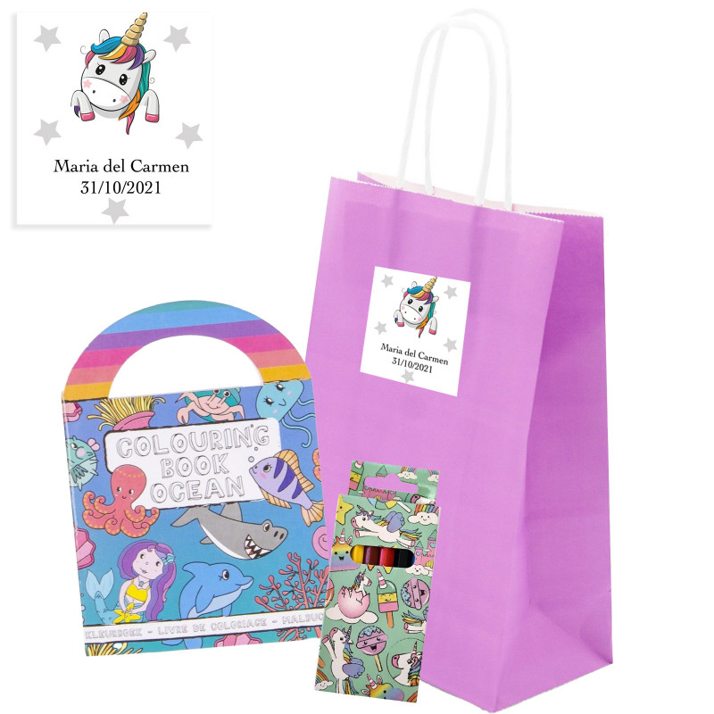 Livre de coloriage avec autocollants et crayons de couleur dans un sac personnalisé pour filles et garçons