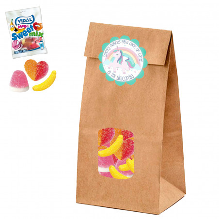 Gummies au sucre dans un sachet avec fenêtre transparente et autocollant amusant pour les anniversaires