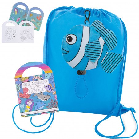 Sac à dos pliable en forme de poisson et livre pour enfants à dessiner ainsi que des autocollants à offrir en cadeau