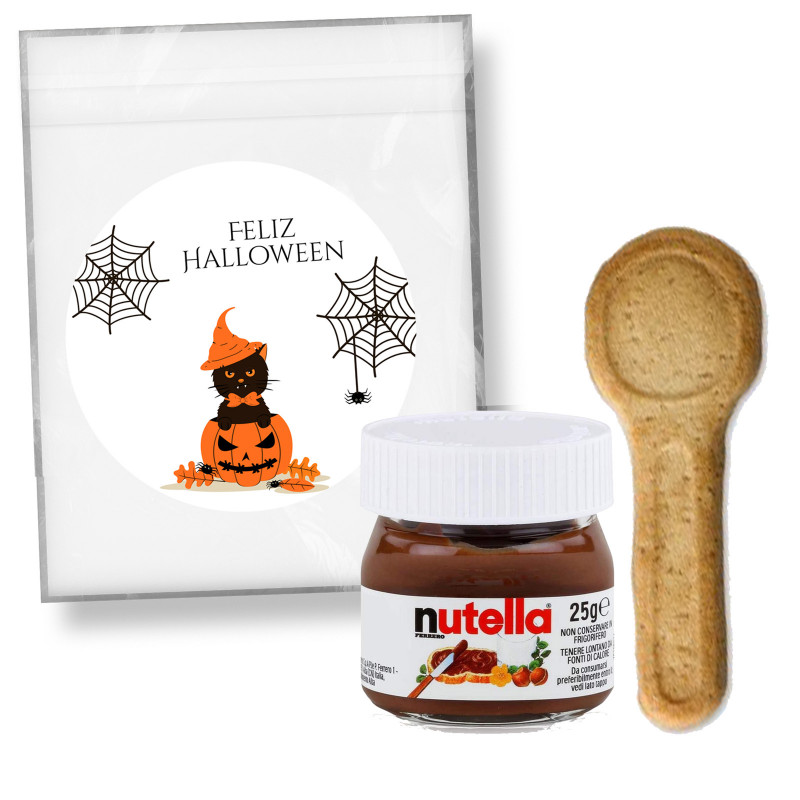 Nutella en petit pot avec cuillère à biscuits présenté dans un sachet personnalisé avec autocollant halloween