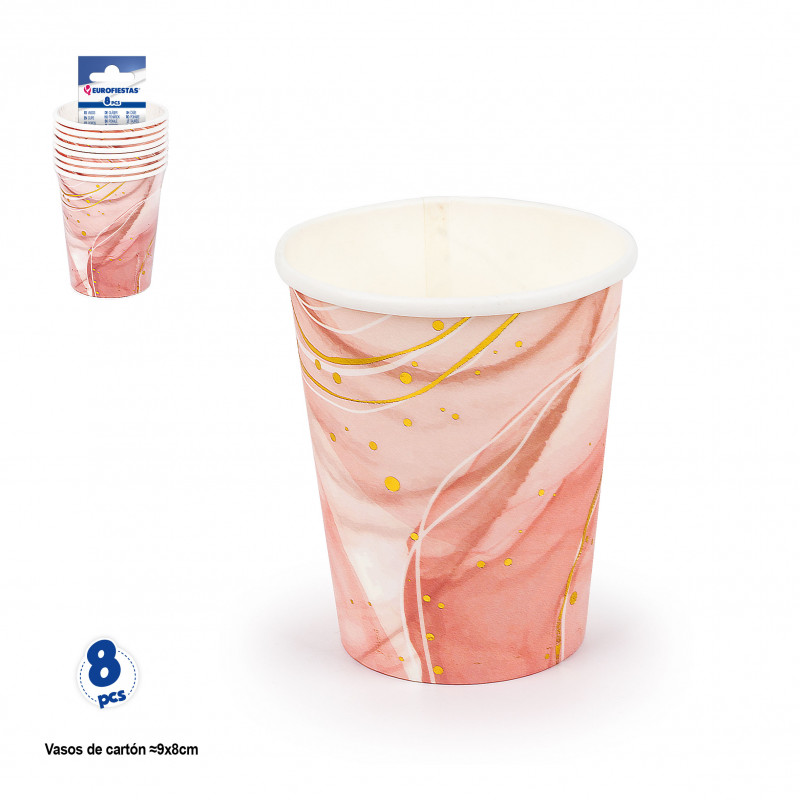 Gobelets jetables bicolores effet marbre rose et or en pack de 8 unités