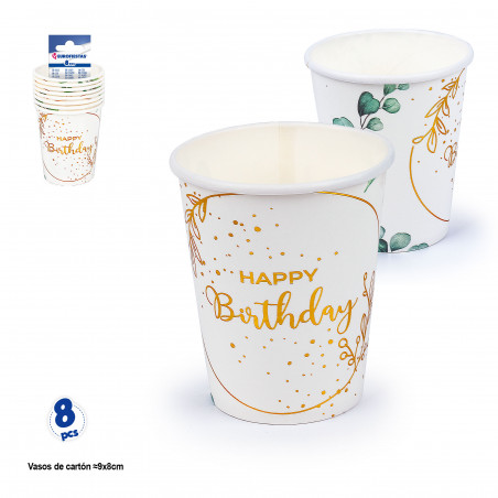 Gobelets d'anniversaire en carton avec motifs floraux en paquet de 8 unités