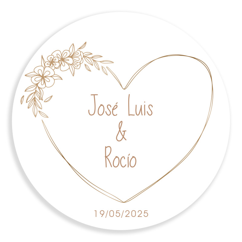 Autocollant avec coeur aux lignes minimalistes personnalisable rond 5cm pour mariages et événements