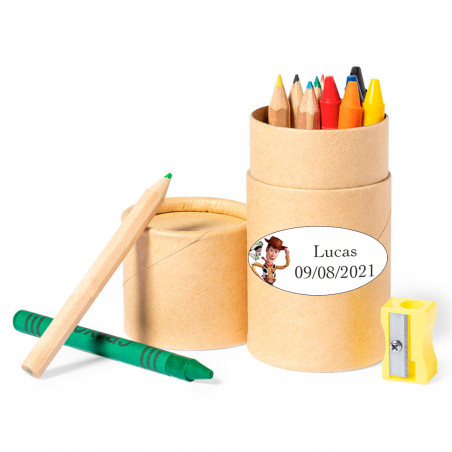 Étui avec couleurs, crayons et taille-crayon personnalisé pour plus de détails