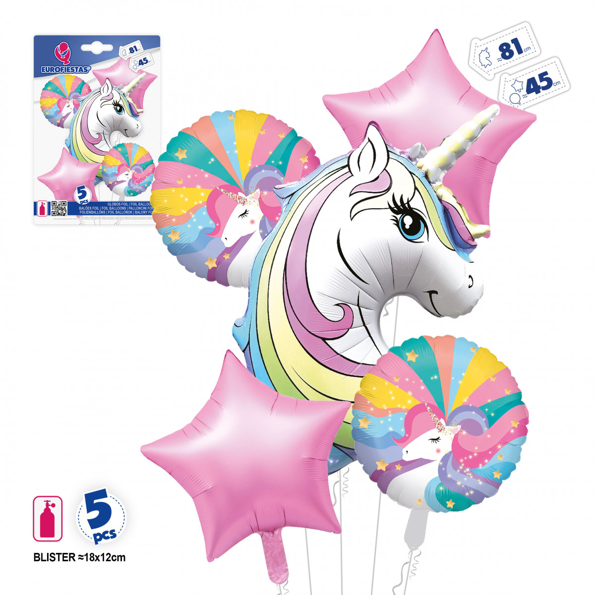 Ballons licorne et étoiles en pack de 5 pièces