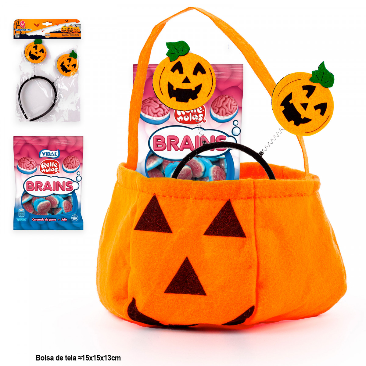 Bandeau d'Halloween avec citrouilles et sac de cervelle remplie de gelée dans un sac de citrouille pour plus de détails