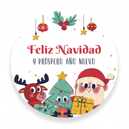 Sticker de Noël personnalisable motif Père Noël et amis rond 5cm