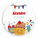 Sticker anniversaire personnalisé rond 3cm avec des éléments animés et ludiques