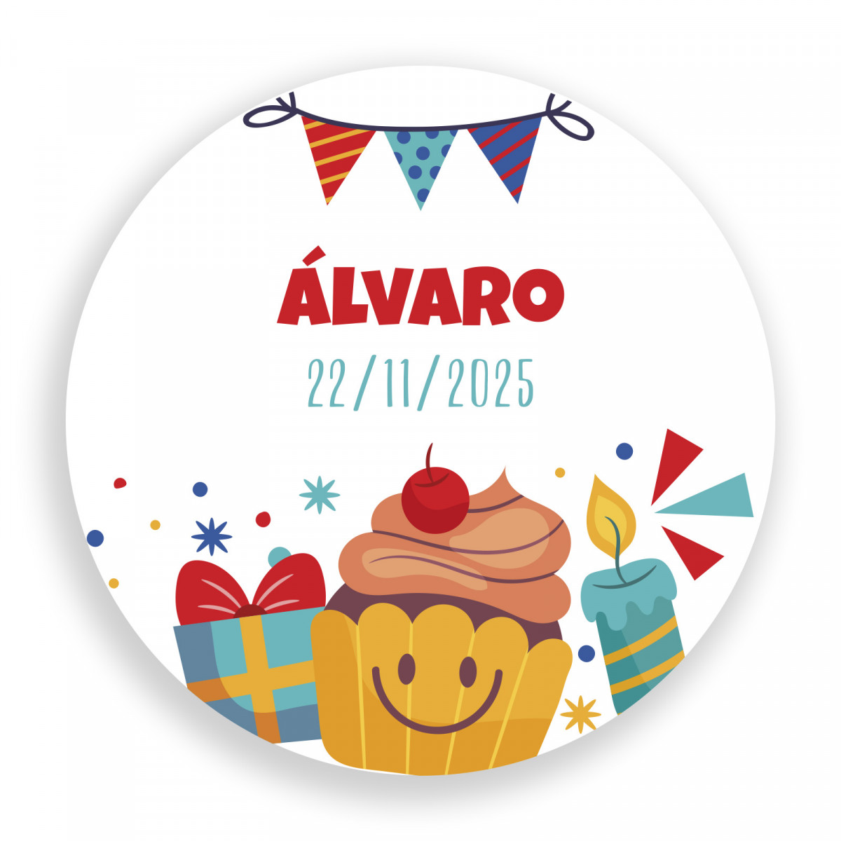 Sticker anniversaire personnalisé rond 3cm avec des éléments animés et ludiques