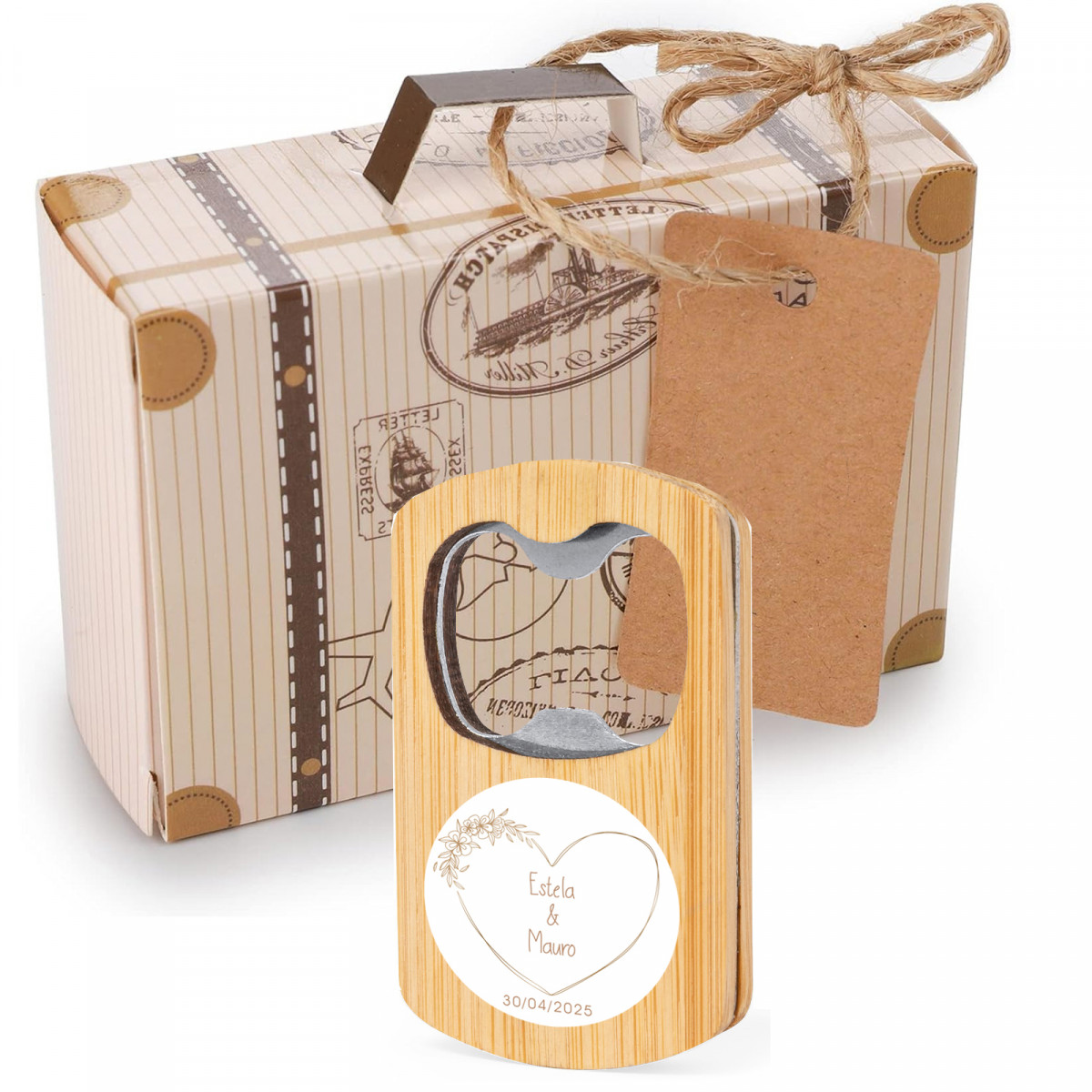 Ouvre bouteille en bambou personnalisé en forme de valise de mariage ouvre bouteille magnétique