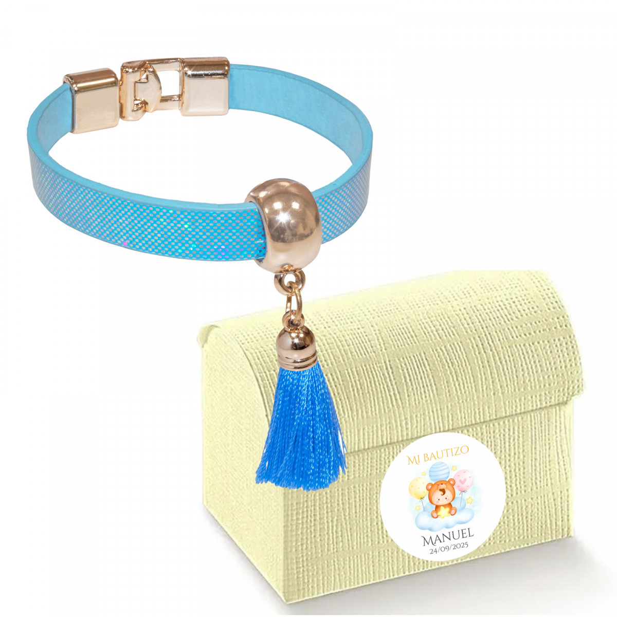 Bracelet bleu avec pompon sur poitrine avec adhésif personnalisé pour baptêmes