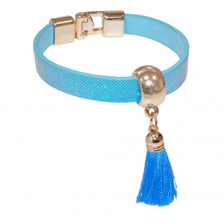 Bracelet bleu avec pompon sur poitrine avec adhésif personnalisé pour baptêmes