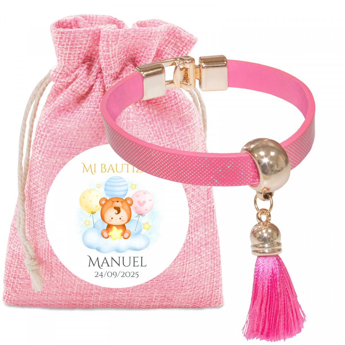 Bracelet rose avec pompon dans pochette en tissu assortie avec adhésif personnalisé pour baptêmes