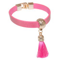 Bracelet rose avec pompon dans pochette en tissu assortie avec adhésif personnalisé pour baptêmes