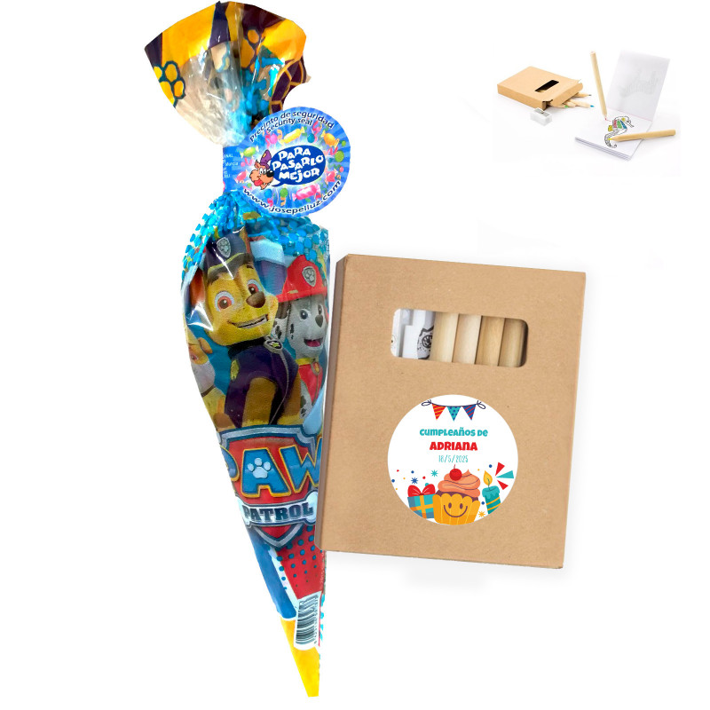 Coffret de dessins et couleurs pour un coloriage personnalisé avec un cornet de bonbons pour plus de détails